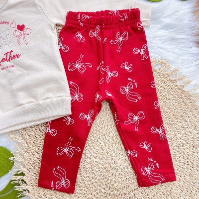 Conj. Casaco de Moletom We Are Happy e Calça Legging Laços - Areia e Vermelho